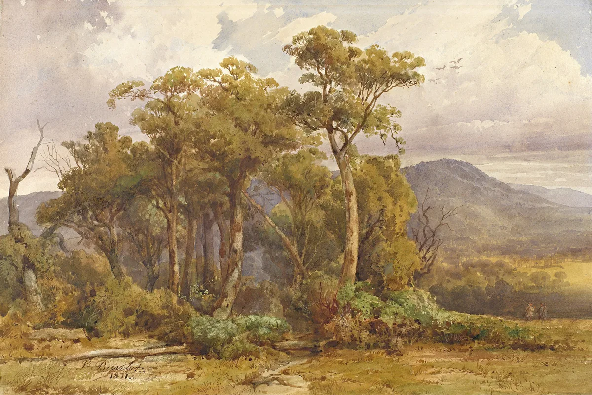 A painting of gum trees and open river flats under a hazy blue range, in soft yellow and green tones